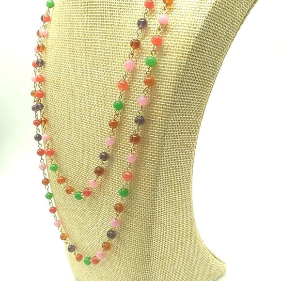 Long Multi-color Small Glass Beaded Necklace 46 inches Spring Ring - Picture 4 of 14